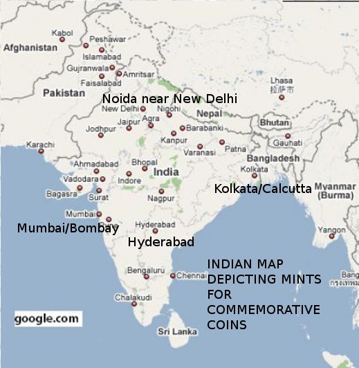 Commemorative Coins of India: Map Depicting the Mints